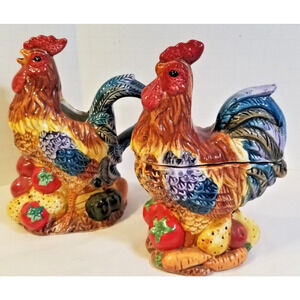 VTG. Rooster Sugar & Creamer PItcher Handpainted CeramicFarmhouse/Granny Core
